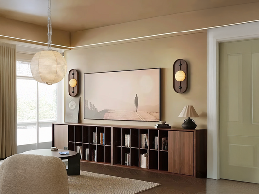 Warm Minimalist Living Room with Soft Lighting and Mid-Century Accents