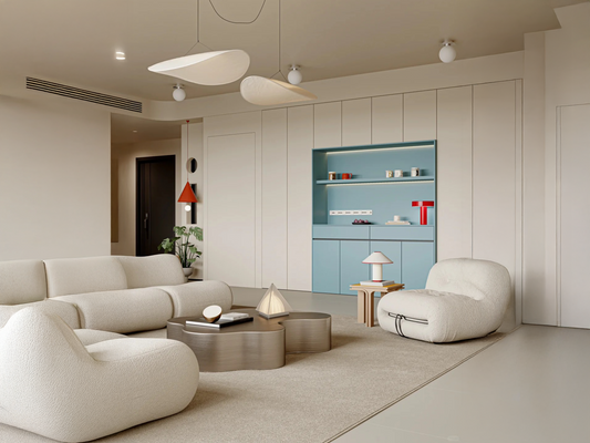 Soft Modern Living Room with Sculptural Furniture and Color Accents