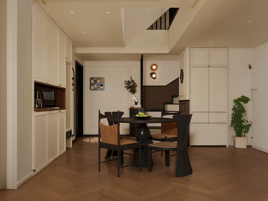 Elevated Warmth: Cane and Black Wood in a Modern Dining Room