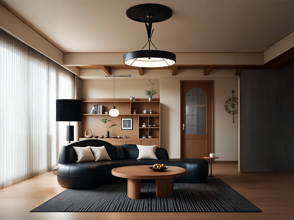 Black Leather Balance: Modern Curves and Warm Wood