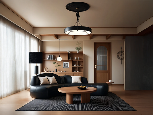 Black Leather Balance: Modern Curves and Warm Wood