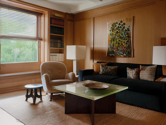 Timeless Texture: Velvet Sofas and Wood Paneling in Balance