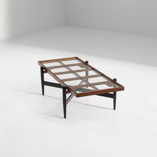 1950s Belgian Lattice Wood and Glass Coffee Table
