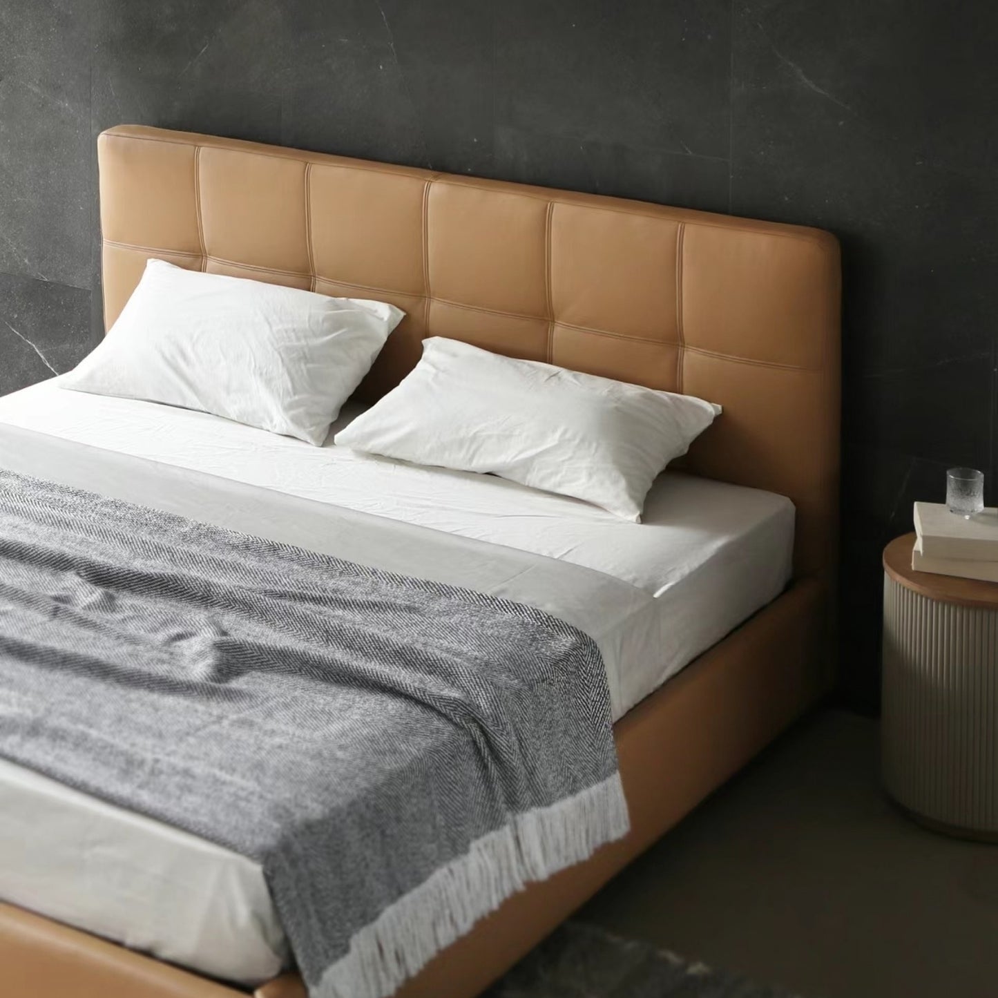 Italian Minimalist Full-Grain Leather Storage Bed